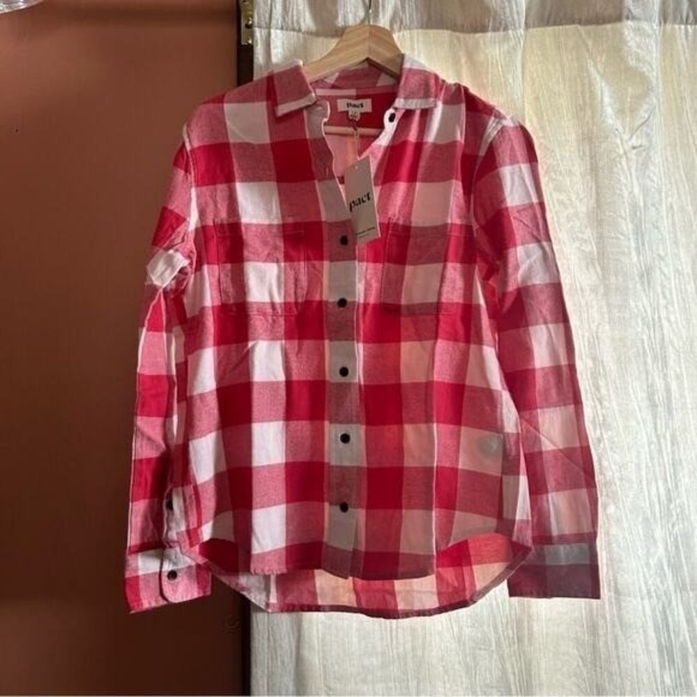 Pact Gingham Organic Cotton Mila Flannel Shirt Red Plaid Button Up‎ NWT Size S
